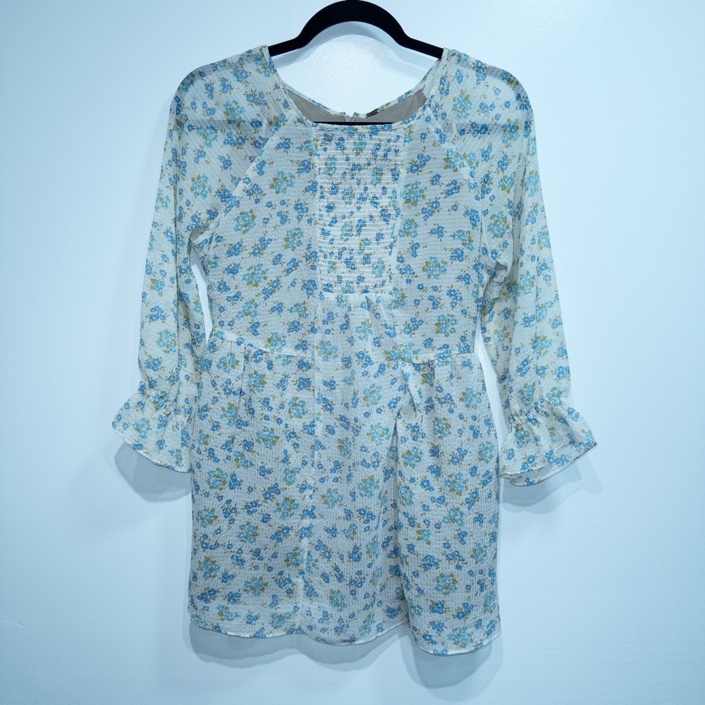 Free People White Floral Doll Pants‎ Smocked Tunic Mini Dress Size 4